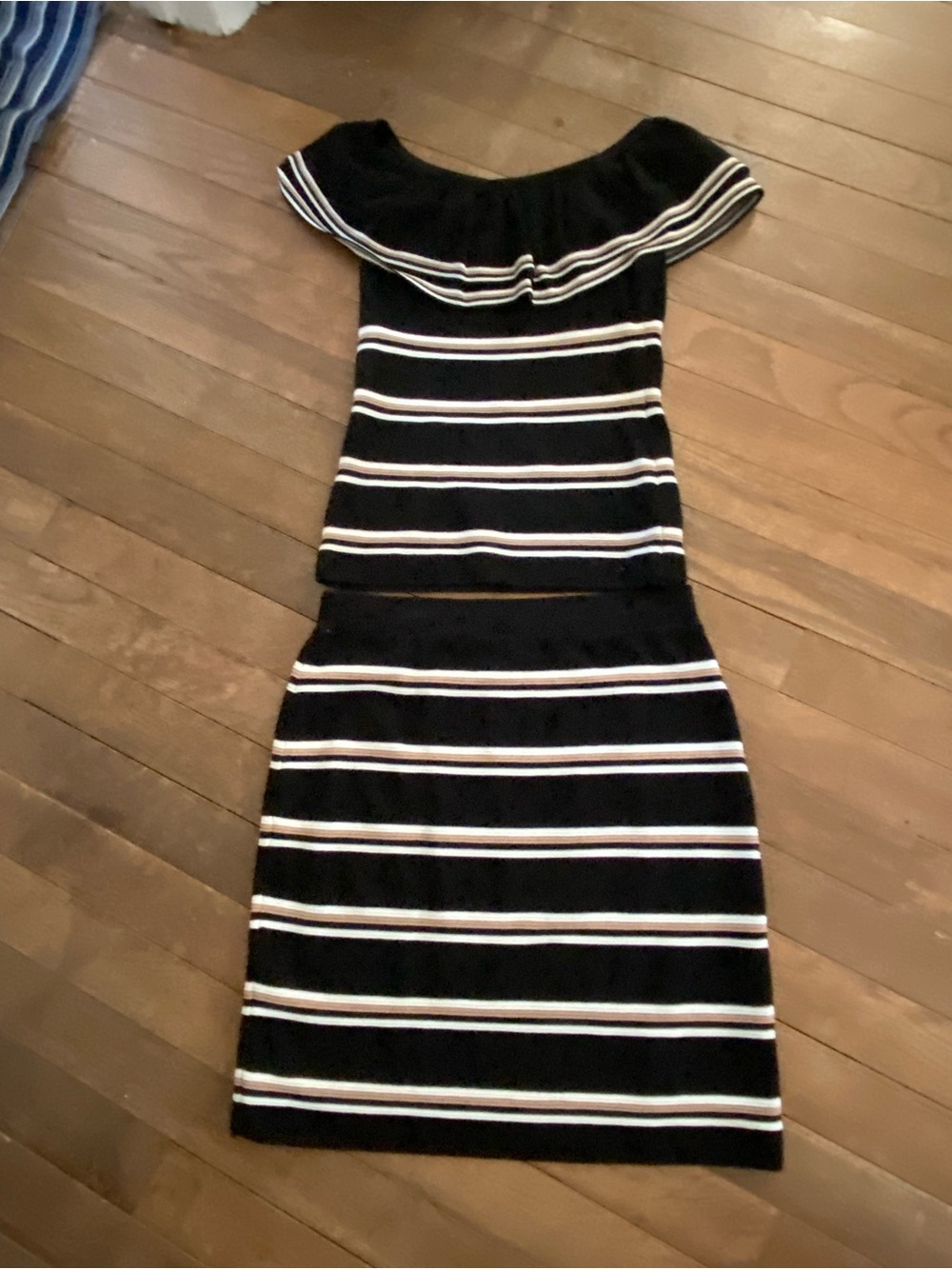 White House Black Market Black & White Striped Off-Shoulder Skirt Set